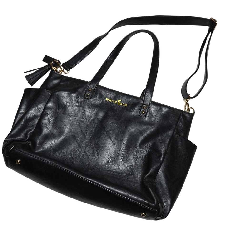White Elm Tote Bag Womens Large Black Faux Leather Shoulder Zip Tassel Pockets